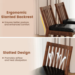 Set of 4 Slat Back Dining Chairs, Espresso Brown Rubber Wood with Black PU Leather Seats, 400 lb