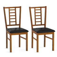 Set of 2 Window Pane Back Dining Chairs, Walnut Rubber Wood with Black PU Leather Seat