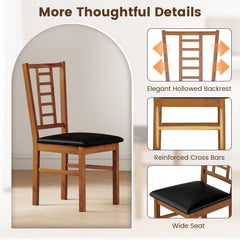 Set of 2 Window Pane Back Dining Chairs, Walnut Rubber Wood with Black PU Leather Seat