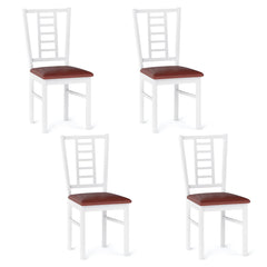 Set of 4 Window Pane Back Dining Chairs, White Rubber Wood with Burgundy PU Leather Seats