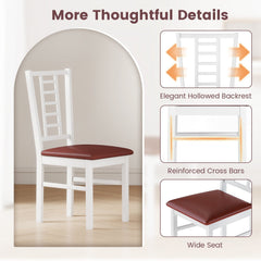 Set of 4 Window Pane Back Dining Chairs, White Rubber Wood with Burgundy PU Leather Seats