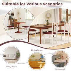 Set of 4 Window Pane Back Dining Chairs, White Rubber Wood with Burgundy PU Leather Seats