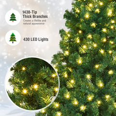 8 FT Pre-Lit Artificial Christmas Tree with 1438 PVC Tips, 430 Warm White LEDs and Iron Stand