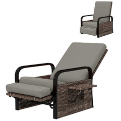 Wicker Outdoor Recliner Chair, Reclining Lounge Chair with Adjustable Backrest, Footrest and Side Tray, Light Grey