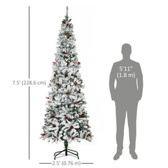 6 Foot Pencil Snow Flocked Artificial Christmas Tree with 600 Pine Realistic Branches, Pine Cones, Red Berries, Auto Open, Green
