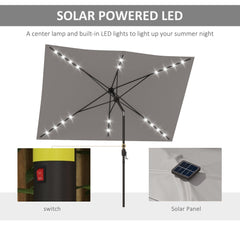 6.5x10ft Patio Umbrella Rectangle Solar Powered Tilt Aluminum Outdoor Market Parasol with LEDs Crank (Light Coffee)