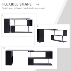 55" Corner Computer Desk, 360° Rotating L-Shaped Desk, Home Office Workstation with 3-Tier Shelves, Bookshelf, Black