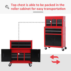 6-Drawer Rolling Tool Chest, 2 in 1 Lockable Storage Cabinet with Hooks, Metal Tool Box for Garage, Workshop, Black