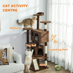 54" Cat Tree, Multi-Level Cat Tower with Scratching Posts, Cat Condos, Bed, Platforms, Ramp, Toy Ball, Beige