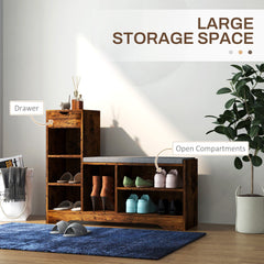 Upholstered Shoe Storage Bench w/ Seat, Entrance Bench w/ Drawer and 6 Open Shelves for Hallway, Grey