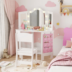 Kids Vanity Table and Chair Set with Lights, Makeup Dressing Table with Tri-Fold Mirror for Ages 3-8 Years, White