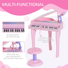 Mini Electronic Musical Piano 37 Key Keyboard Multifunction Kids Toy with Microphone Stool (Pink)