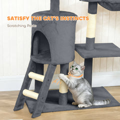 53" Cat Tree Tower, Kitten Activity Centre with Scratching Posts, Condo, Perches, Ladder, Hammock, Dangling Toys, Grey