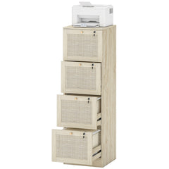 2 Drawer Filing Cabinet with Lock, Boho File Cabinet for A4 Letter Size Files with Decorative Rattan Accents, Oak