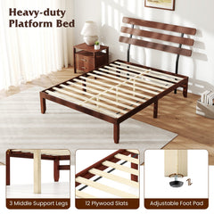 Queen Solid Wood Platform Bed with Retro Slatted Headboard and 12 Plywood Slats