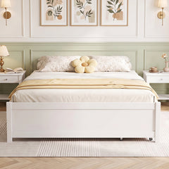 Queen Size Bed Frame with 2 Rolling Storage Drawers-White