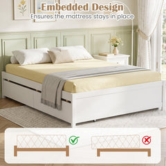 Queen Size Bed Frame with 2 Rolling Storage Drawers-White