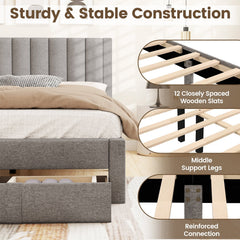 Queen Upholstered Bed with Foot End Storage Drawer and Vertical Channel Headboard, Grey