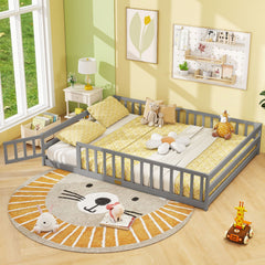 Queen Montessori Floor Bed with Full Length Guardrails and Latching Door, Grey
