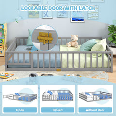 Queen Montessori Floor Bed with Full Length Guardrails and Latching Door, Grey