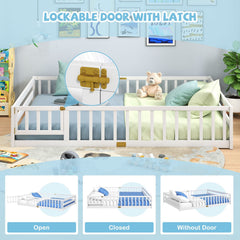 Queen Montessori Floor Bed with Full Length Guardrails and Latching Door, White