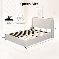 Queen Lift Up Storage Bed with Tufted Wingback Headboard and 9.5 Inch Storage, Beige