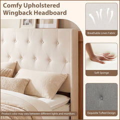 Queen Lift Up Storage Bed with Tufted Wingback Headboard and 9.5 Inch Storage, Beige