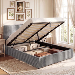 Queen Lift Up Storage Bed in Corduroy with Channelled Headboard, Grey