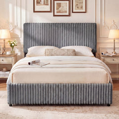 Queen Lift Up Storage Bed in Corduroy with Channelled Headboard, Grey