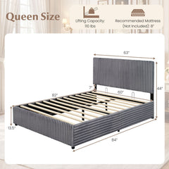 Queen Lift Up Storage Bed in Corduroy with Channelled Headboard, Grey