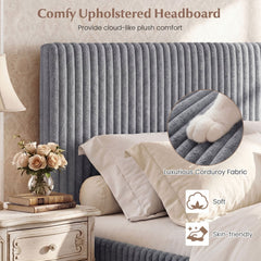 Queen Lift Up Storage Bed in Corduroy with Channelled Headboard, Grey