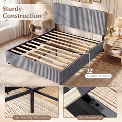 Queen Lift Up Storage Bed in Corduroy with Channelled Headboard, Grey