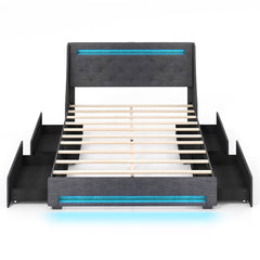 Queen Upholstered Storage Bed with RGB LED Lights, Charging Station and 4 Drawers