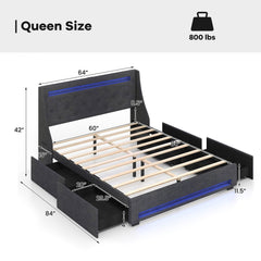 Queen Upholstered Storage Bed with RGB LED Lights, Charging Station and 4 Drawers