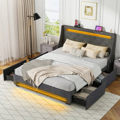 Queen Upholstered Storage Bed with RGB LED Lights, Charging Station and 4 Drawers