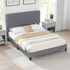 Queen Linen Platform Bed with 47.5 Inch Diamond Tufted Headboard and 12 Slats