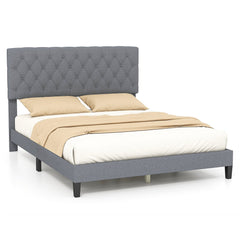 Queen Linen Platform Bed with 47.5 Inch Diamond Tufted Headboard and 12 Slats