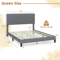 Queen Linen Platform Bed with 47.5 Inch Diamond Tufted Headboard and 12 Slats