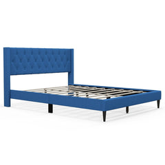 Queen Linen Platform Bed with Button Tufted Wingback Headboard, Blue