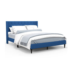 Queen Linen Platform Bed with Button Tufted Wingback Headboard, Blue