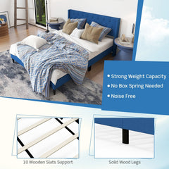 Queen Linen Platform Bed with Button Tufted Wingback Headboard, Blue