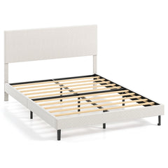 Queen Velvet Platform Bed with Chevron Headboard at 3 Adjustable Heights, Beige