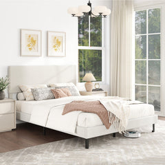 Queen Velvet Platform Bed with Chevron Headboard at 3 Adjustable Heights, Beige