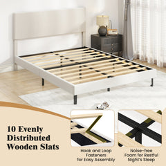 Queen Velvet Platform Bed with Chevron Headboard at 3 Adjustable Heights, Beige