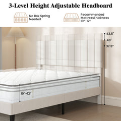 Queen Velvet Platform Bed with 3 Level Channel Headboard and Metal Middle Legs