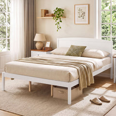 Queen Size Wooden Platform Bed Frame with Curved Headboard-White