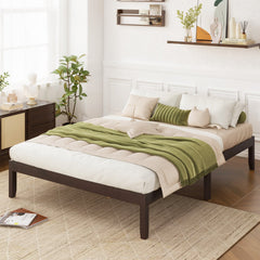 Queen Wood Platform Bed with 12 Plywood Slats and 4.5 Inch Slat Gap, Espresso