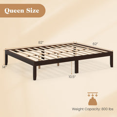 Queen Wood Platform Bed with 12 Plywood Slats and 4.5 Inch Slat Gap, Espresso