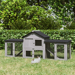 Large Rabbit Hutch Wood Bunny Cage Outdoor Guinea Pig House with Double Runs Slide Out Tray Ramps, 83"x18"x33", Natural