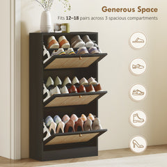 Rattan Shoe Storage Cabinet with 3 Flip Drawers and Adjustable Shelves, Entryway Shoe Cabinet for 18 Pairs, Oak